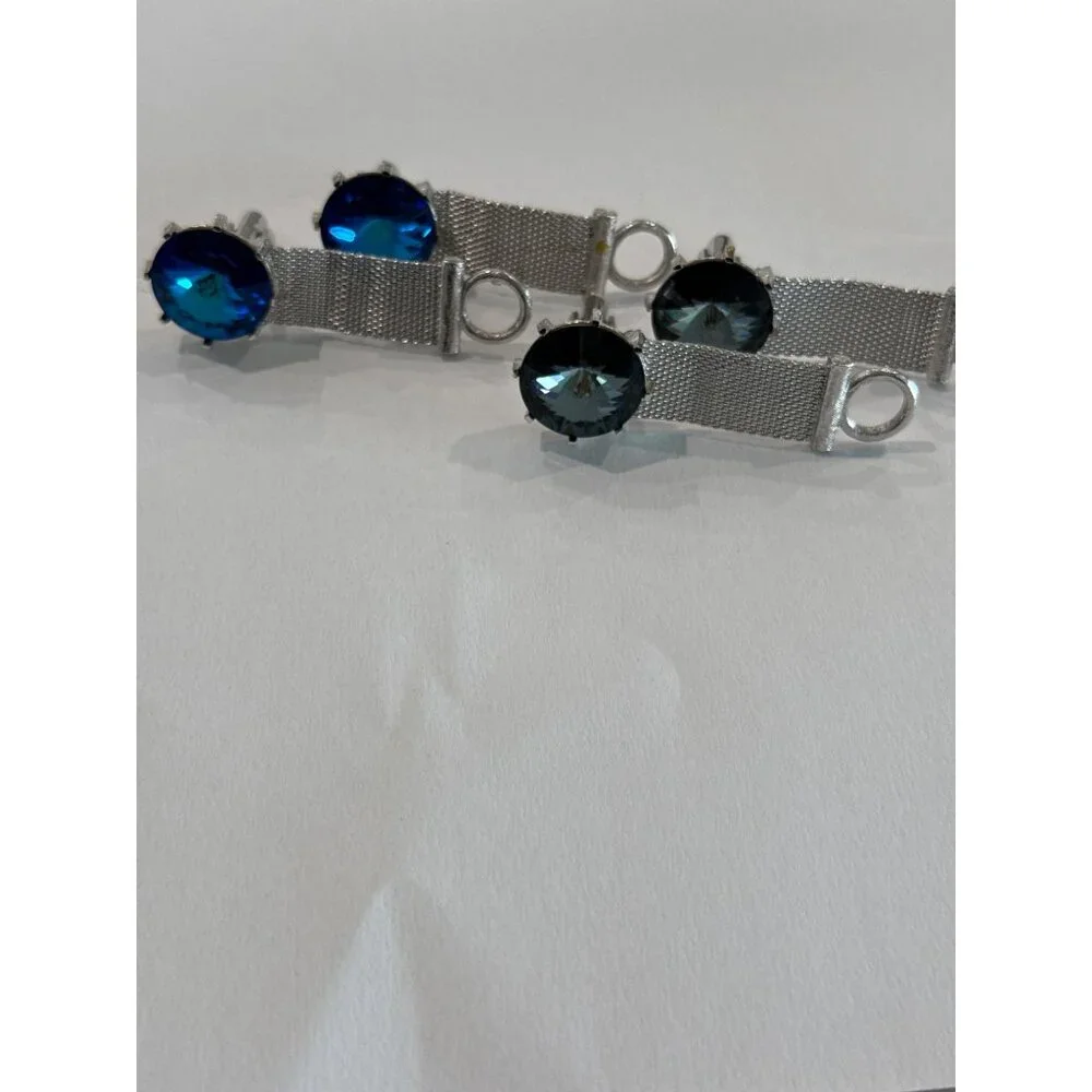 Vintage mesh cufflinks, Blue Black Rivoli Glass stones 2 pair